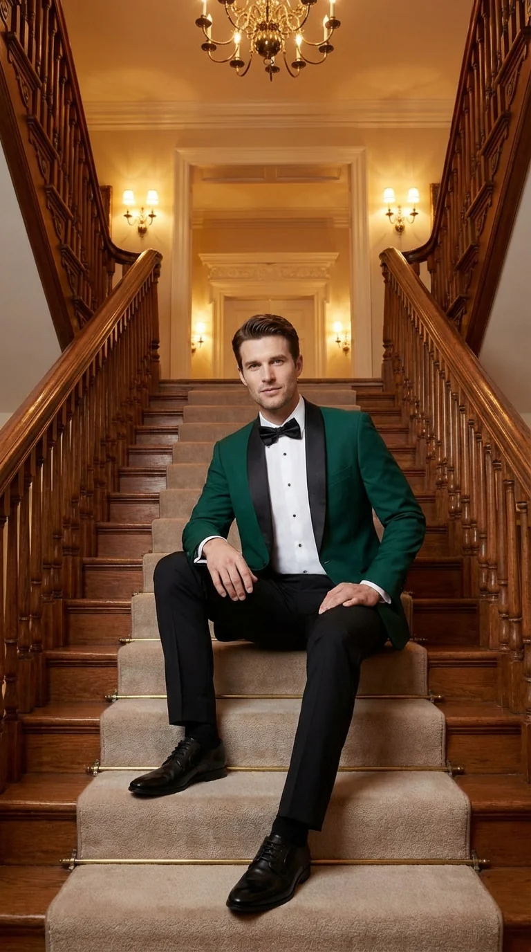 Men’s Emerald Green Tuxedo Jacket with Black Satin Shawl Lapel | Prom Dinner Blazer - Image 3