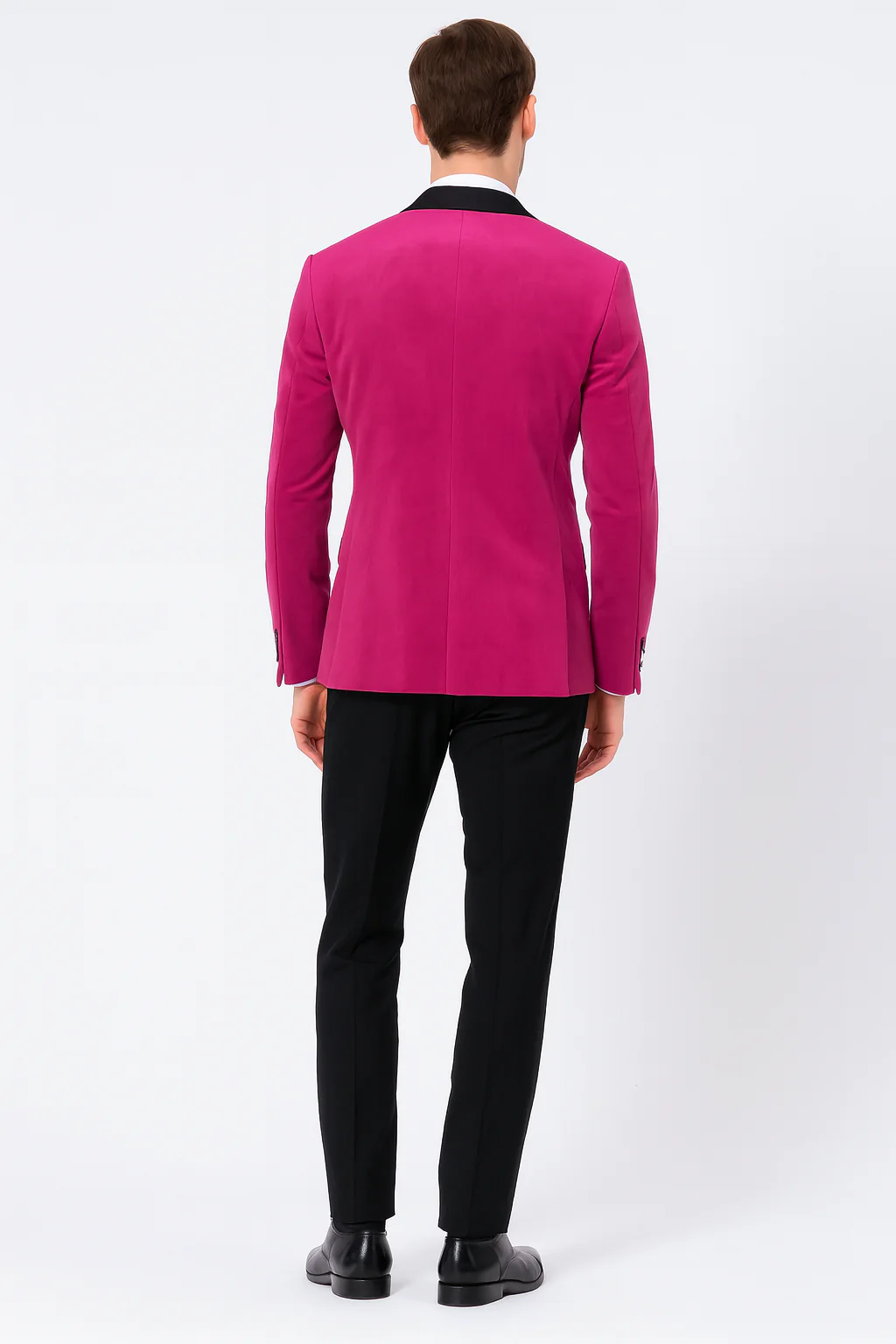 Men’s Fuchsia Tuxedo Blazer with Black Satin Lapel – Stylish Party and Wedding Jacket in Hot Pink Color with Black Pants - Image 2