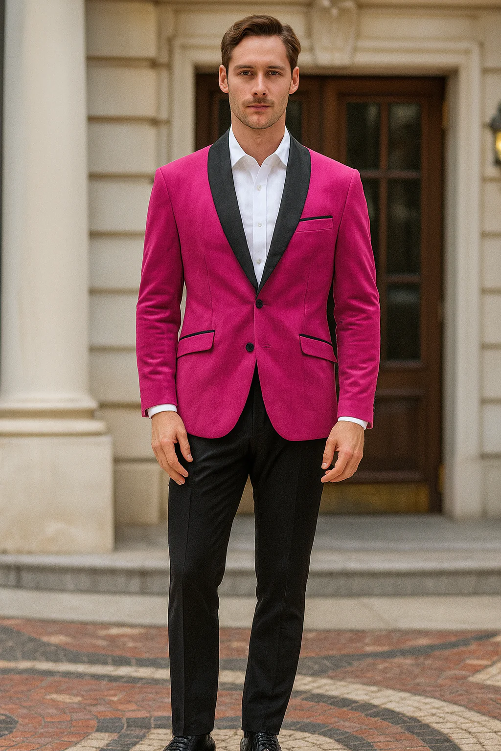 Men’s Fuchsia Tuxedo Blazer with Black Satin Lapel – Stylish Party and Wedding Jacket in Hot Pink Color with Black Pants - Image 3