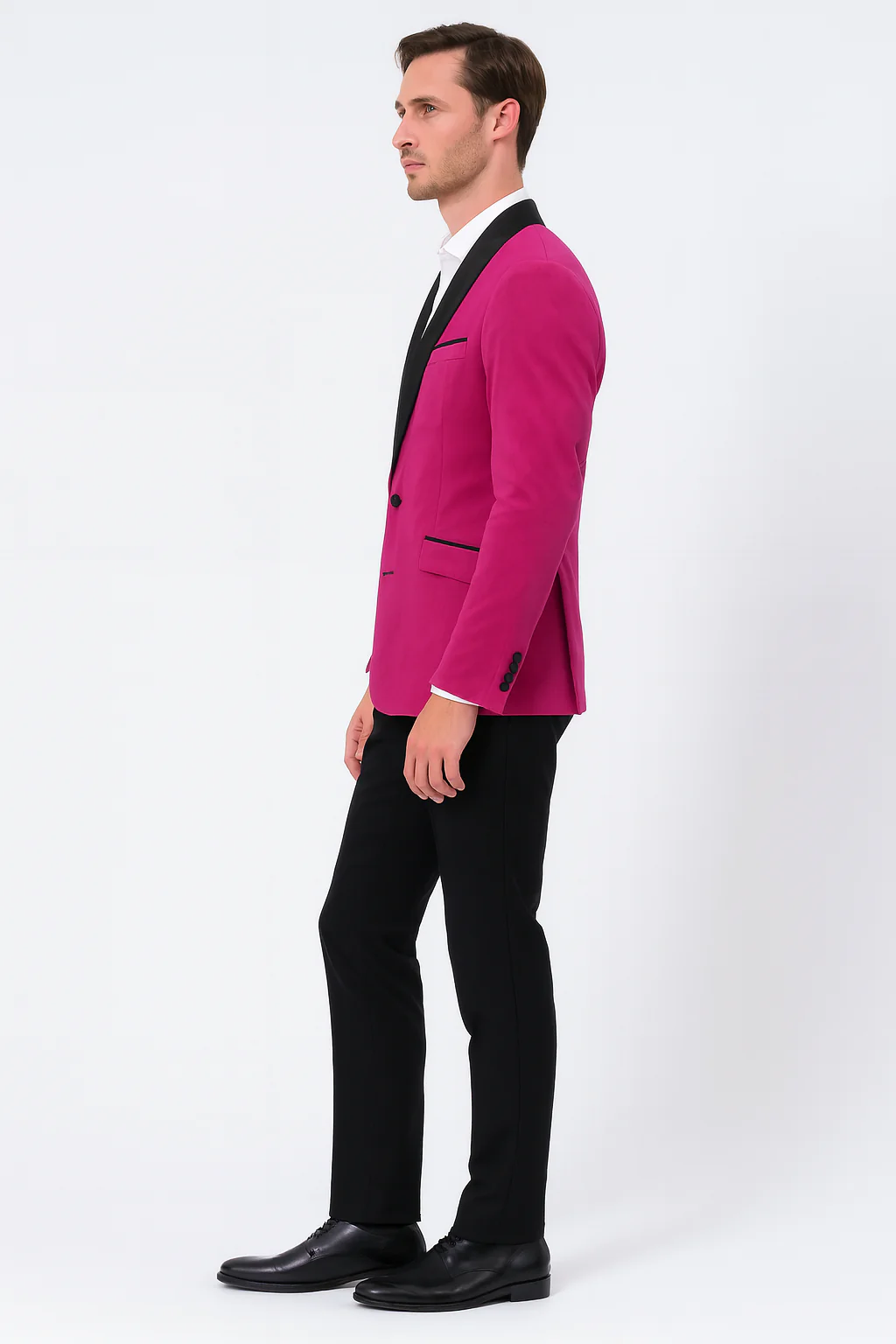 Men’s Fuchsia Tuxedo Blazer with Black Satin Lapel – Stylish Party and Wedding Jacket in Hot Pink Color with Black Pants - Image 4
