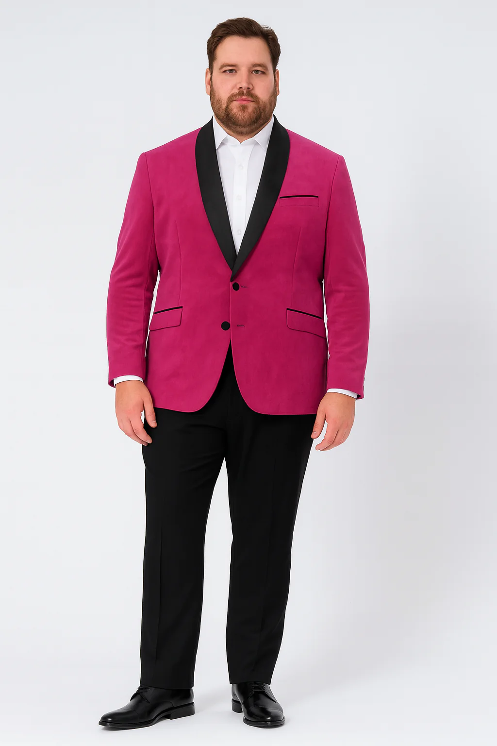 Men’s Fuchsia Tuxedo Blazer with Black Satin Lapel – Stylish Party and Wedding Jacket in Hot Pink Color with Black Pants - Image 5