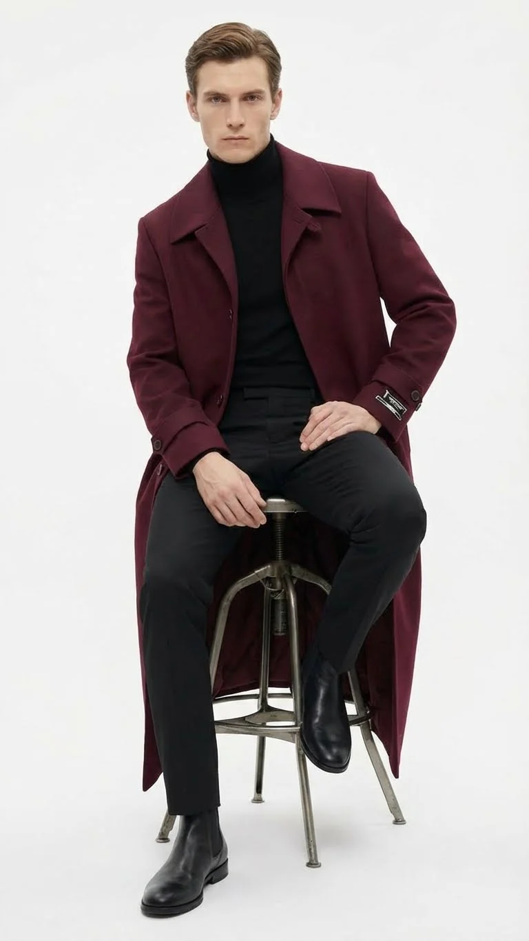 Men’s Full-Length Burgundy Overcoat – Microfiber 4 season fabric  Long Formal Coat with Classic Tailored Maxi Duster Coat - Image 5