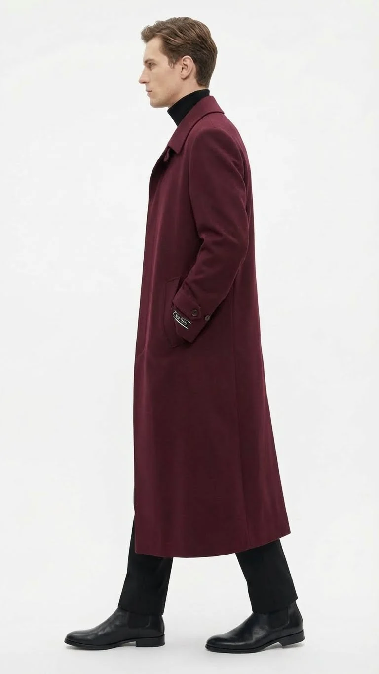 Men’s Full-Length Burgundy Overcoat – Microfiber 4 season fabric  Long Formal Coat with Classic Tailored Maxi Duster Coat - Image 6