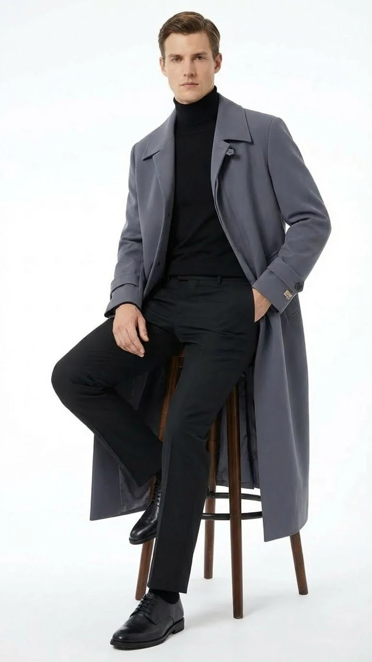 Men’s Full-Length Charcoal Grey Overcoat – Premium Microfiber Blend Long Dress Coat for Winter and Formal Wear in Gray Color - Image 4