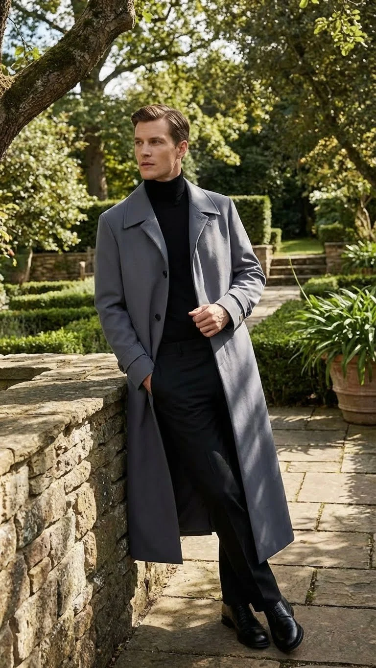 Men’s Full-Length Charcoal Grey Overcoat – Premium Microfiber Blend Long Dress Coat for Winter and Formal Wear in Gray Color - Image 5