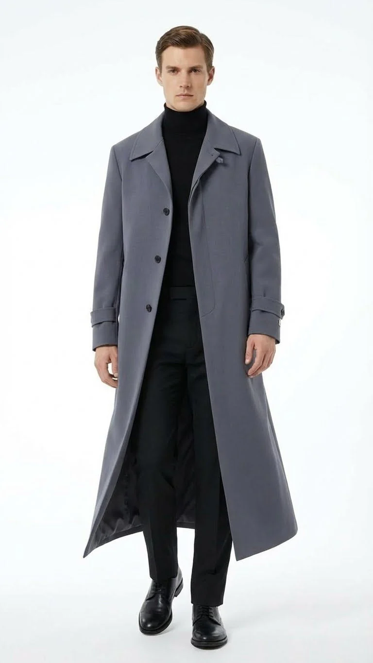 Men’s Full-Length Charcoal Grey Overcoat – Premium Microfiber Blend Long Dress Coat for Winter and Formal Wear in Gray Color - Image 8