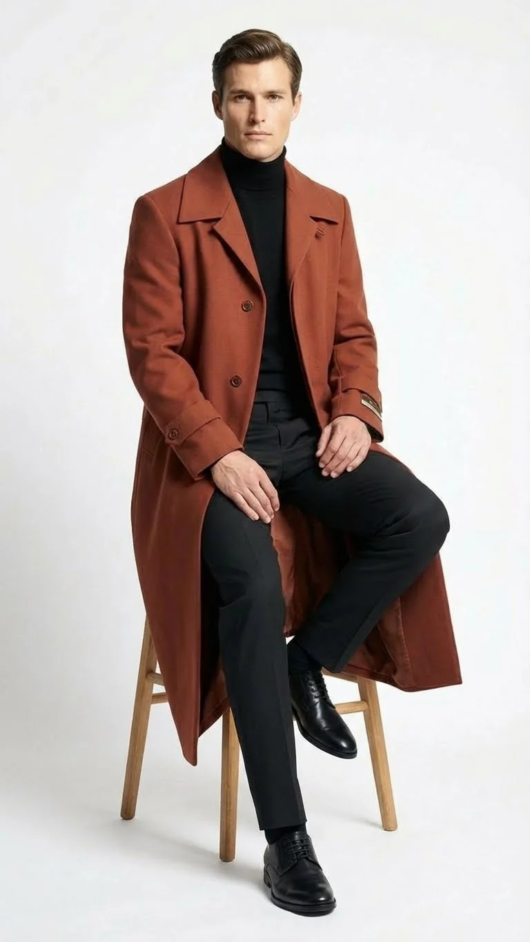 Men’s Full-Length Cognac Overcoat – Premium Wool-Blend Long Dress Coat for Winter and Formal Wear in Rust Brick Color - Image 4