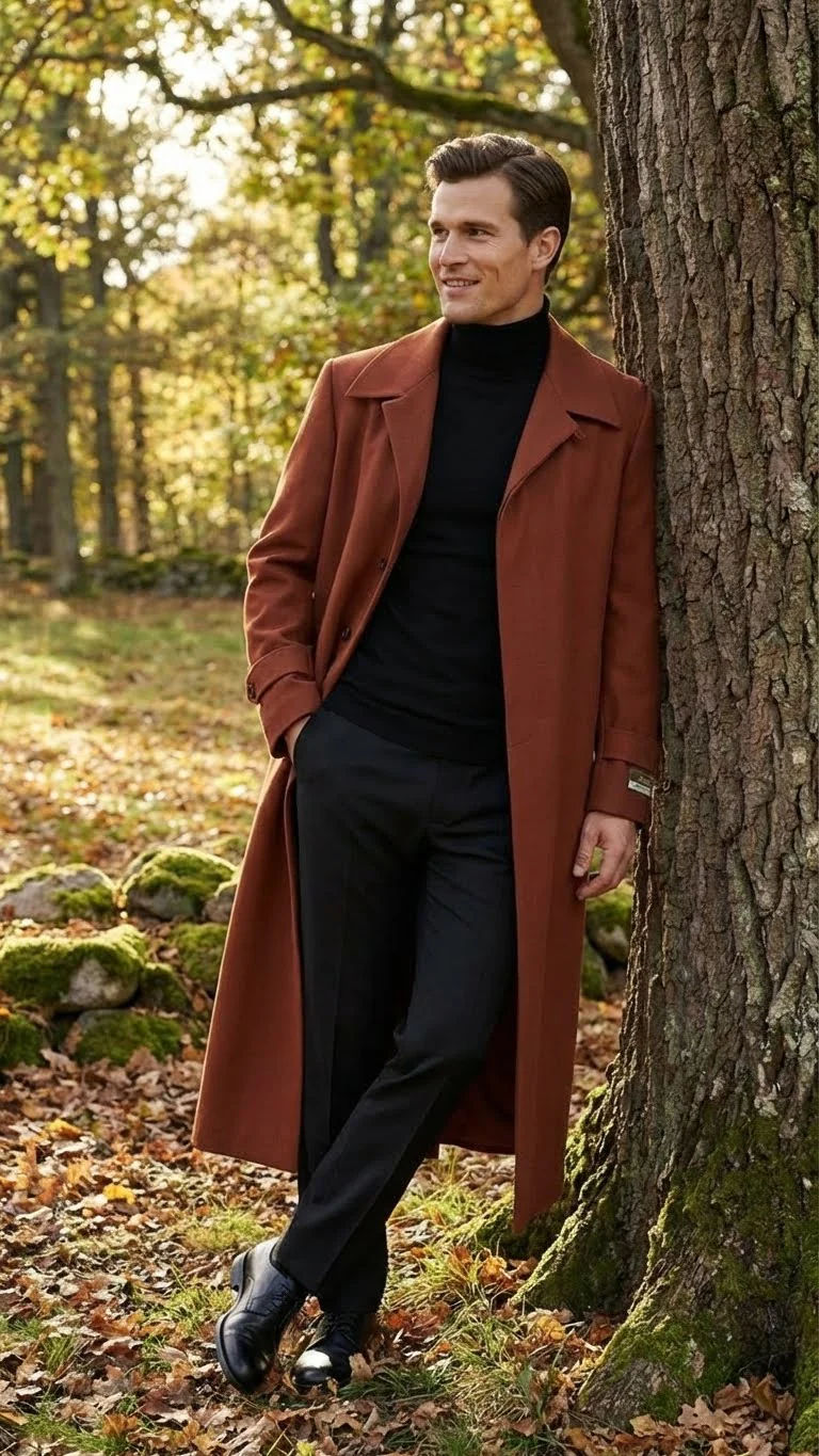 Men’s Full-Length Cognac Overcoat – Premium Wool-Blend Long Dress Coat for Winter and Formal Wear in Rust Brick Color - Image 6