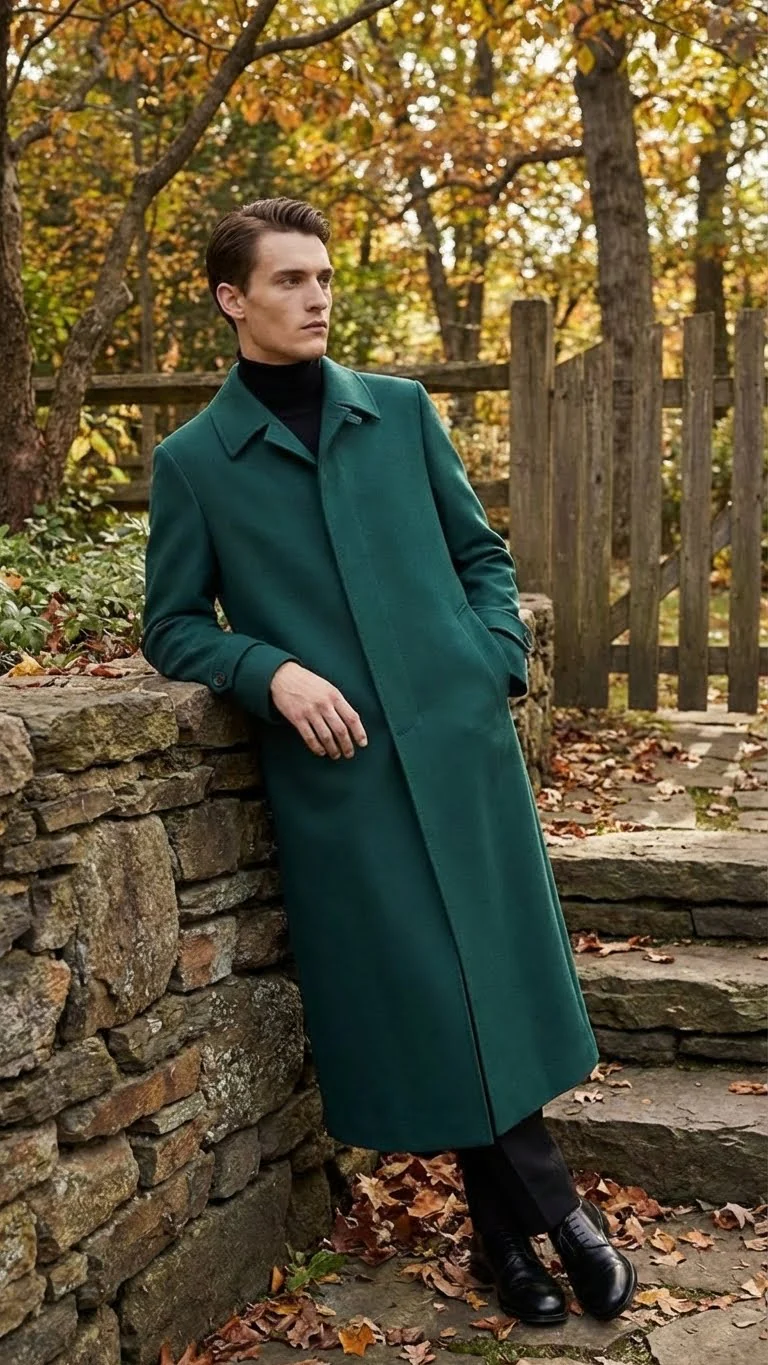 Men’s Full-Length Green Overcoat – Microfiber Blend for Winter Maxi Duster Coat - Image 4