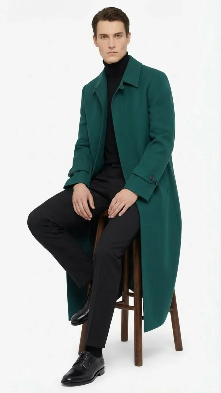 Men’s Full-Length Green Overcoat – Microfiber Blend for Winter Maxi Duster Coat - Image 7