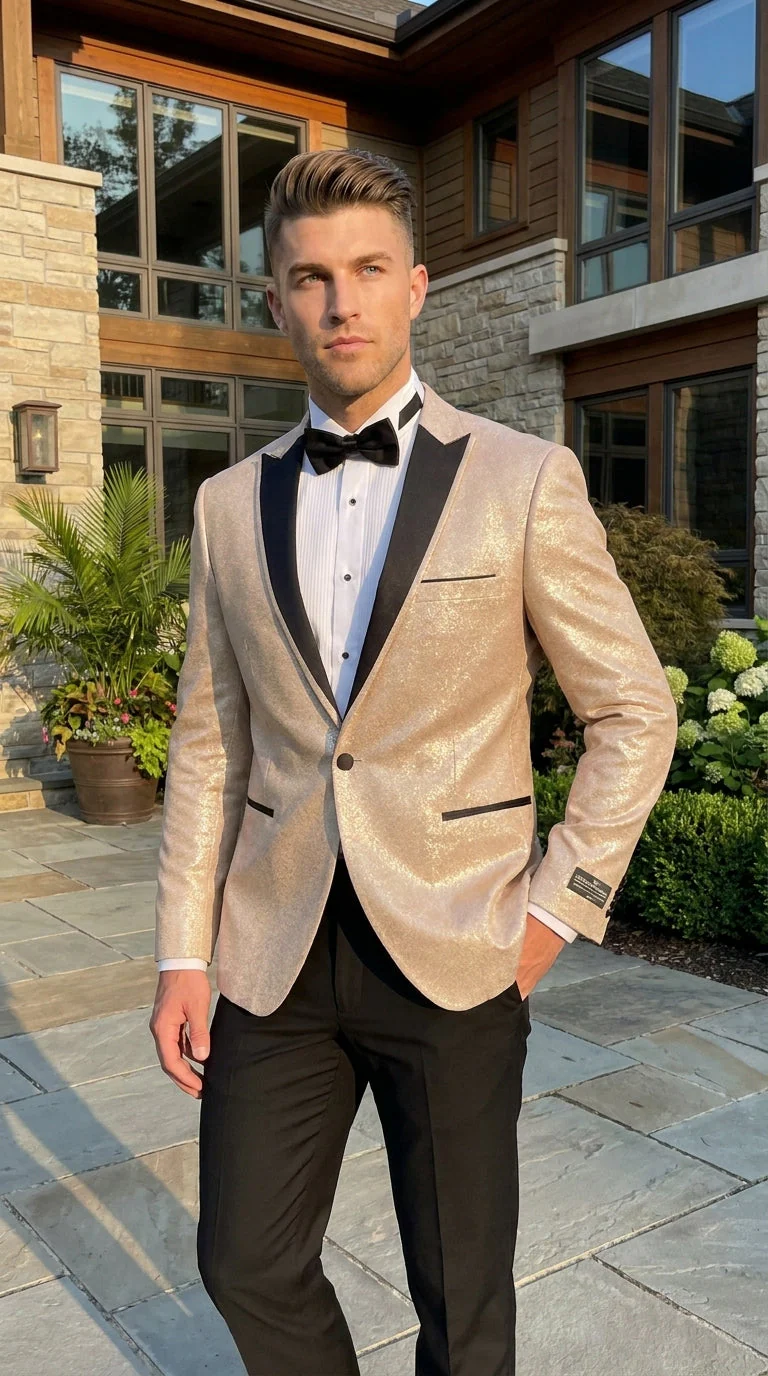 Men’s Gold Blazer with Black Lapel – Elegant Gold Formal Blazer Jacket for Wedding, Prom, Tuxedo in champagne Color - Image 11