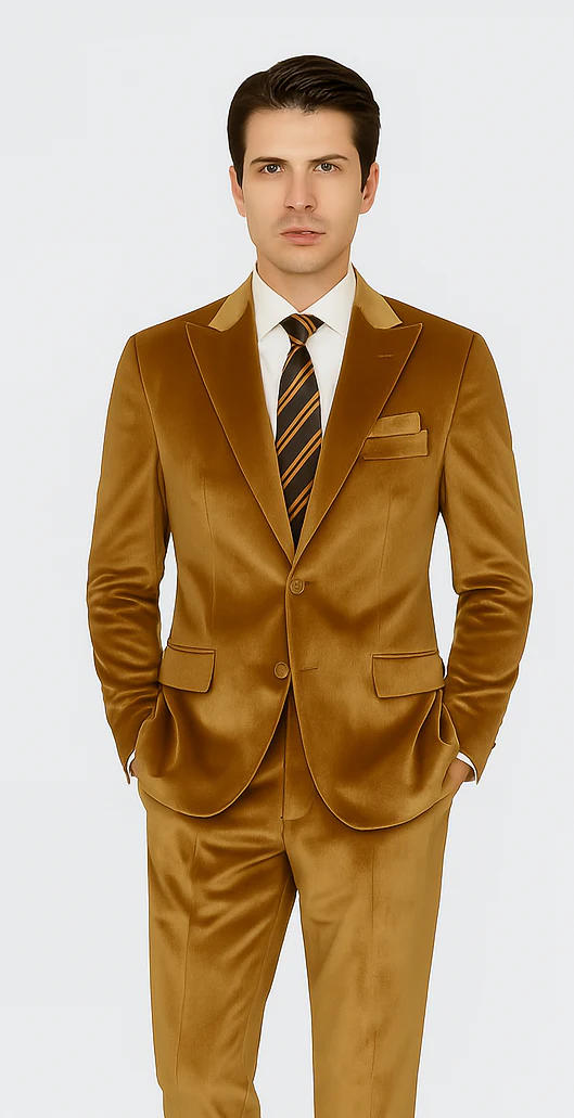 Men’s Gold Velvet Peak Lapel Suit – 2-Piece Skinny Fit Tazzio Formalwear