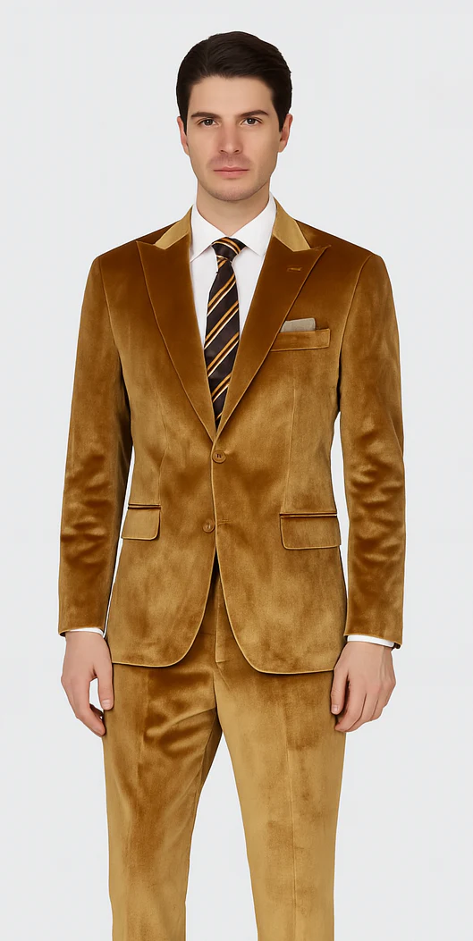 Men’s Gold Velvet Peak Lapel Suit – 2-Piece Skinny Fit Tazzio Formalwear - Image 2