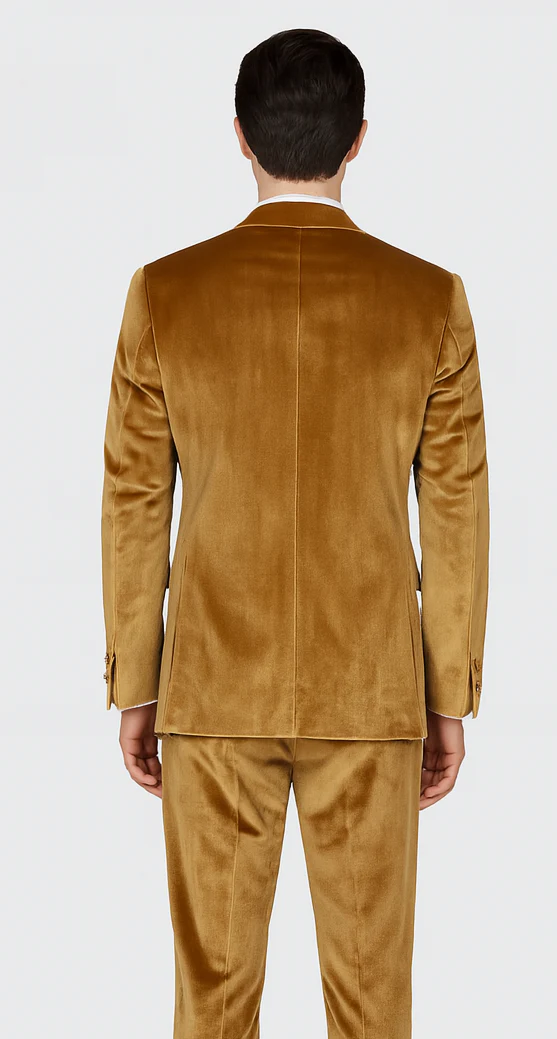 Men’s Gold Velvet Peak Lapel Suit – 2-Piece Skinny Fit Tazzio Formalwear - Image 3