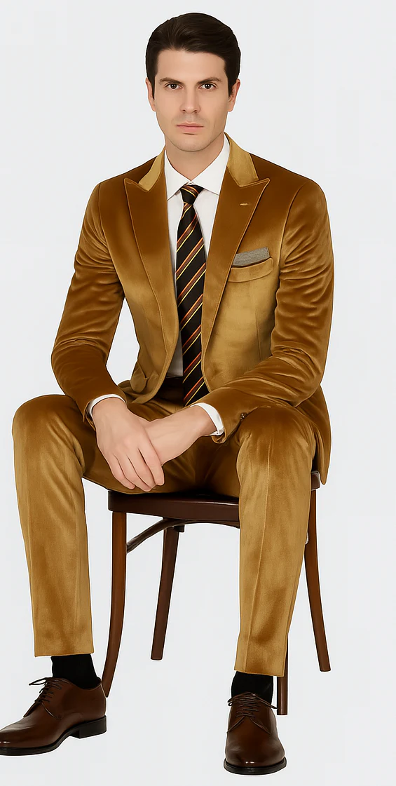 Men’s Gold Velvet Peak Lapel Suit – 2-Piece Skinny Fit Tazzio Formalwear - Image 4