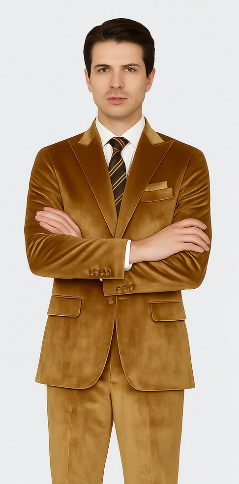 Men’s Gold Velvet Peak Lapel Suit – 2-Piece Skinny Fit Tazzio Formalwear - Image 5