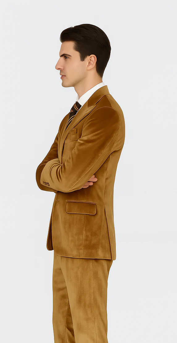 Men’s Gold Velvet Peak Lapel Suit – 2-Piece Skinny Fit Tazzio Formalwear - Image 6