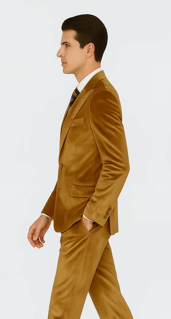 Men’s Gold Velvet Peak Lapel Suit – 2-Piece Skinny Fit Tazzio Formalwear - Image 7