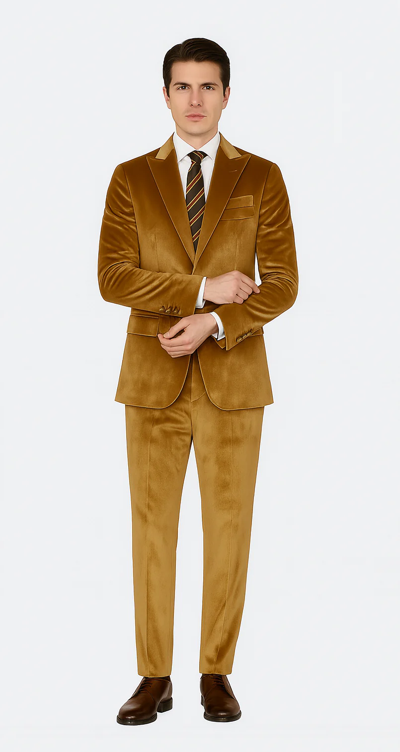 Men’s Gold Velvet Peak Lapel Suit – 2-Piece Skinny Fit Tazzio Formalwear - Image 8