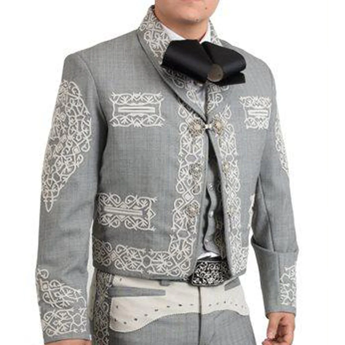 Men’s Gray Luxury Charro Suit with Metallic Embroidery - Image 2