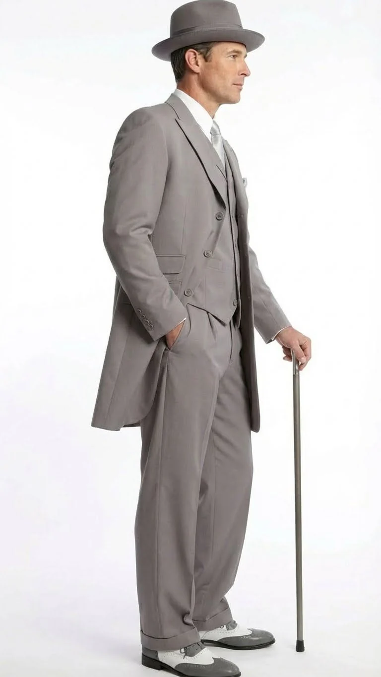 Men’s Gray Zoot Suit with Matching Hat and 1920s Shoes | Grey Vintage Wedding and Party Three Piece Suit - Image 3
