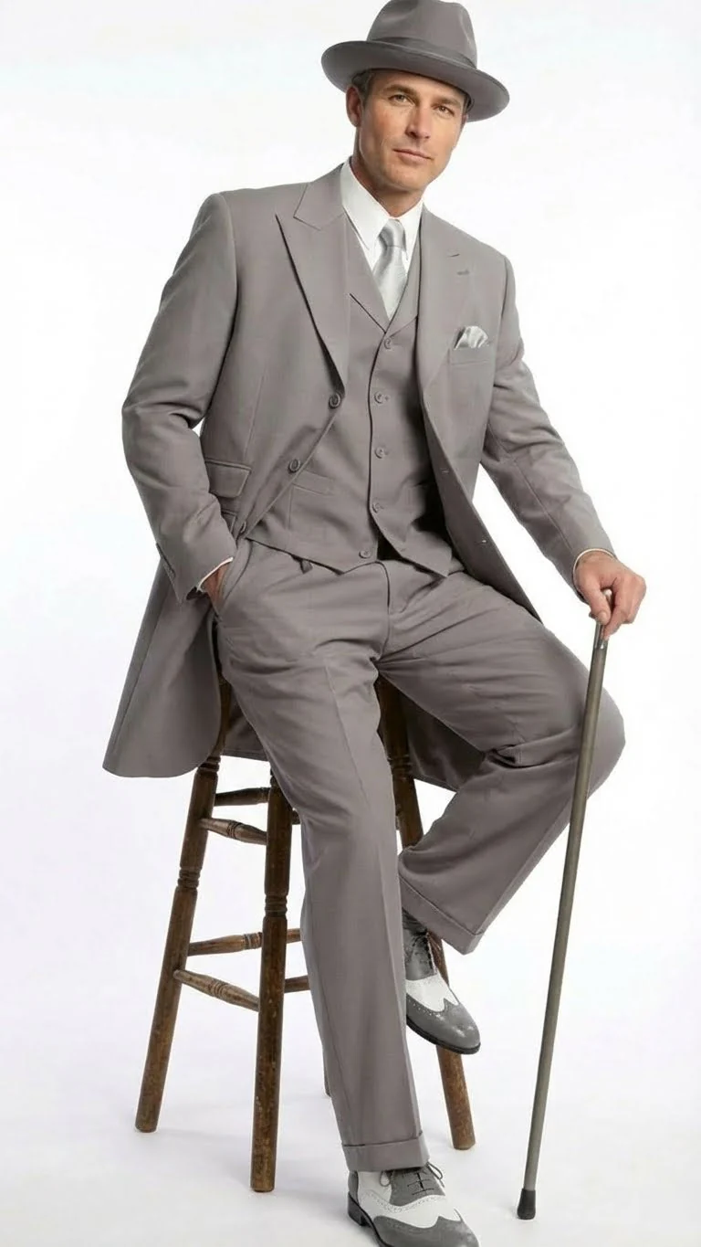 Men’s Gray Zoot Suit with Matching Hat and 1920s Shoes | Grey Vintage Wedding and Party Three Piece Suit - Image 4