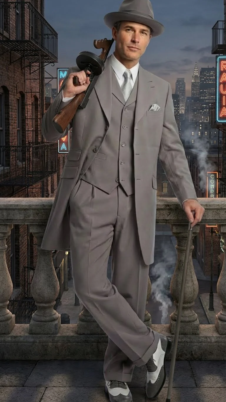 Men’s Gray Zoot Suit with Matching Hat and 1920s Shoes | Grey Vintage Wedding and Party Three Piece Suit - Image 7