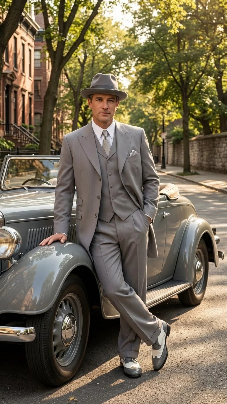 Men’s Gray Zoot Suit with Matching Hat and 1920s Shoes | Grey Vintage Wedding and Party Three Piece Suit - Image 8