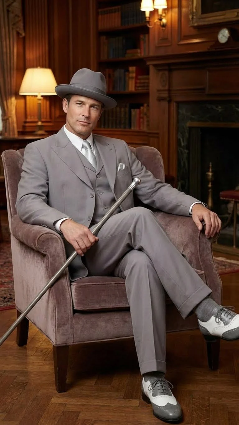 Men’s Gray Zoot Suit with Matching Hat and 1920s Shoes | Grey Vintage Wedding and Party Three Piece Suit - Image 9