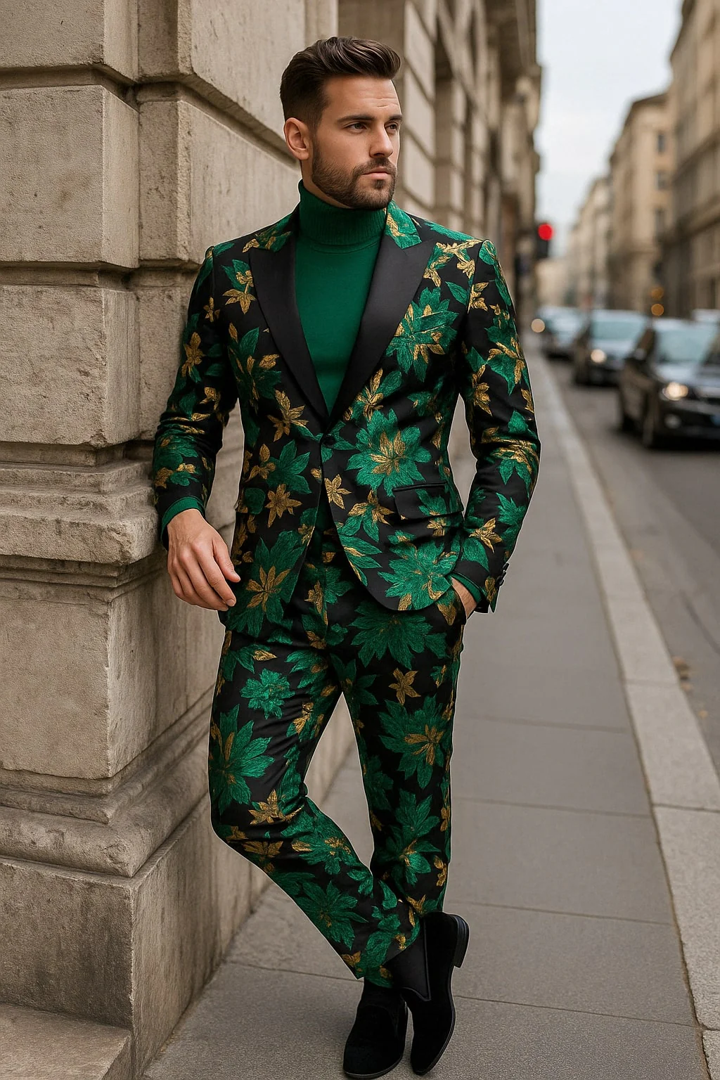 Menƒ??s Green and Gold Floral Tuxedo Suit ƒ?? Luxury 2 Piece Slim Fit Outfit for Weddings, Proms, and Special Events - Image 2