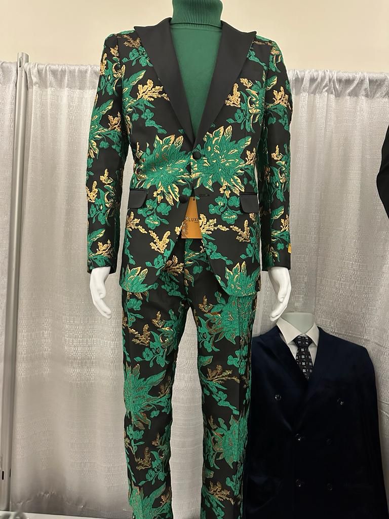 Menƒ??s Green and Gold Floral Tuxedo Suit ƒ?? Luxury 2 Piece Slim Fit Outfit for Weddings, Proms, and Special Events - Image 3