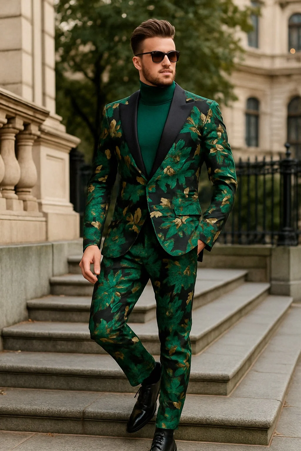 Menƒ??s Green and Gold Floral Tuxedo Suit ƒ?? Luxury 2 Piece Slim Fit Outfit for Weddings, Proms, and Special Events - Image 4