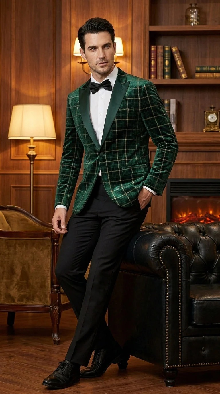 Men’s Green and Gold Plaid Christmas Holiday Blazer – Classic Check Party Jacket for New Year, Wedding and Festive New Year event - Image 12