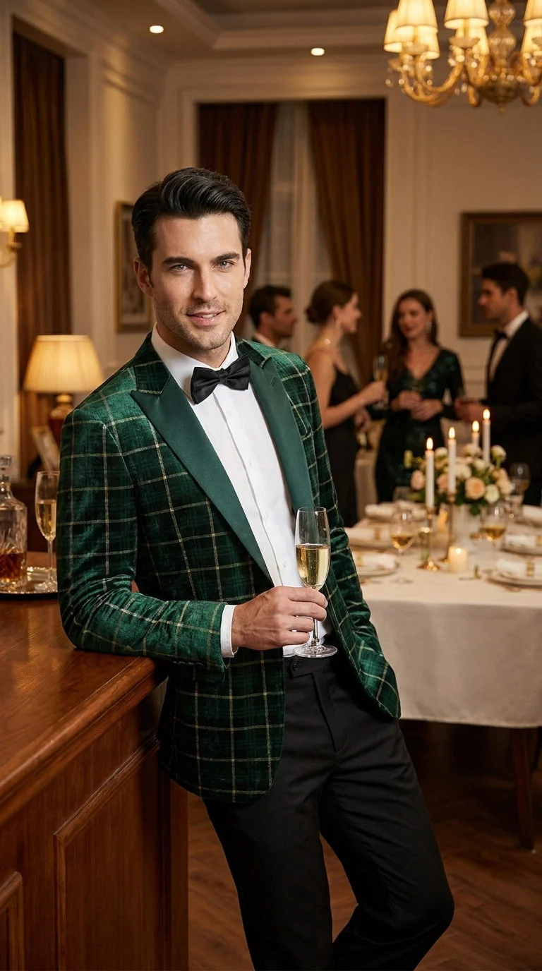 Men’s Green and Gold Plaid Christmas Holiday Blazer – Classic Check Party Jacket for New Year, Wedding and Festive New Year event - Image 13
