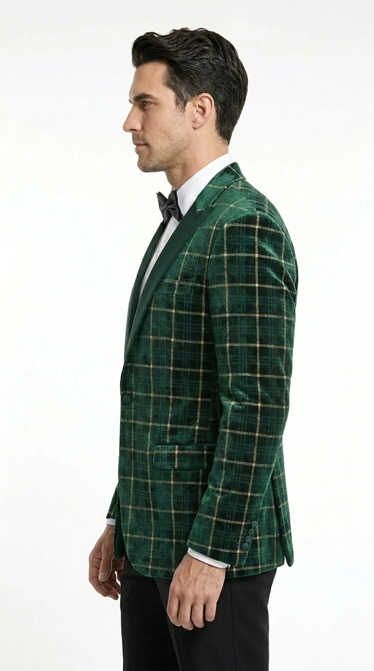Men’s Green and Gold Plaid Christmas Holiday Blazer – Classic Check Party Jacket for New Year, Wedding and Festive New Year event - Image 3