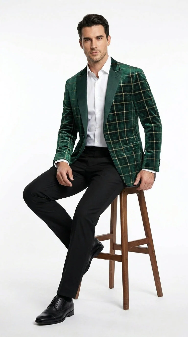 Men’s Green and Gold Plaid Christmas Holiday Blazer – Classic Check Party Jacket for New Year, Wedding and Festive New Year event - Image 4