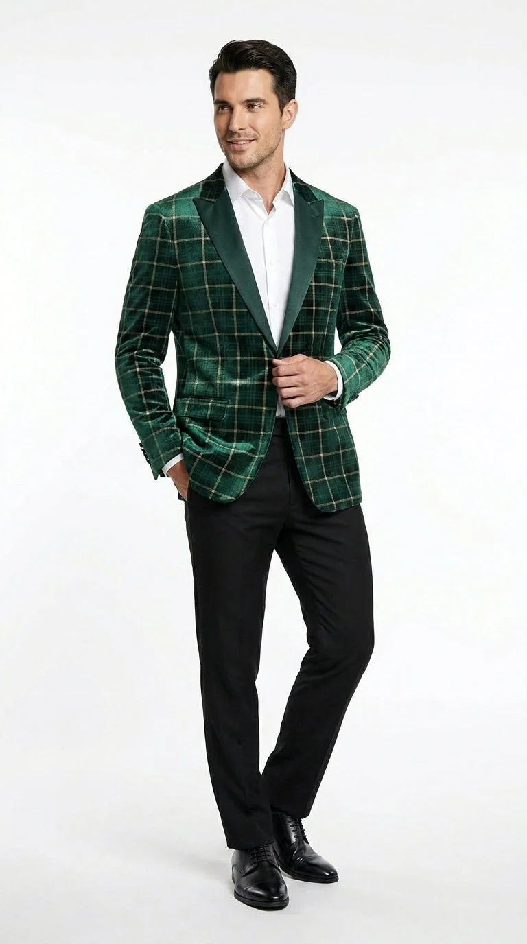 Men’s Green and Gold Plaid Christmas Holiday Blazer – Classic Check Party Jacket for New Year, Wedding and Festive New Year event - Image 5