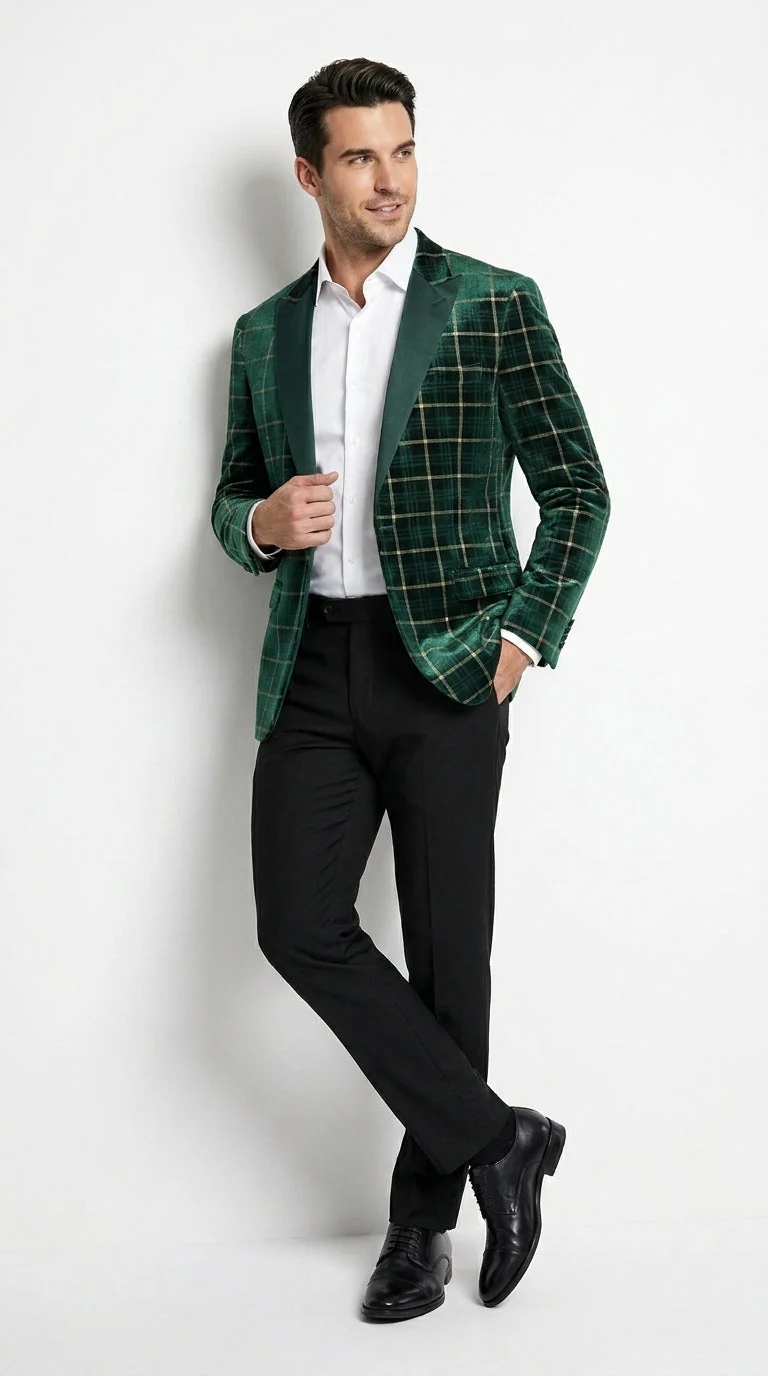 Men’s Green and Gold Plaid Christmas Holiday Blazer – Classic Check Party Jacket for New Year, Wedding and Festive New Year event - Image 6