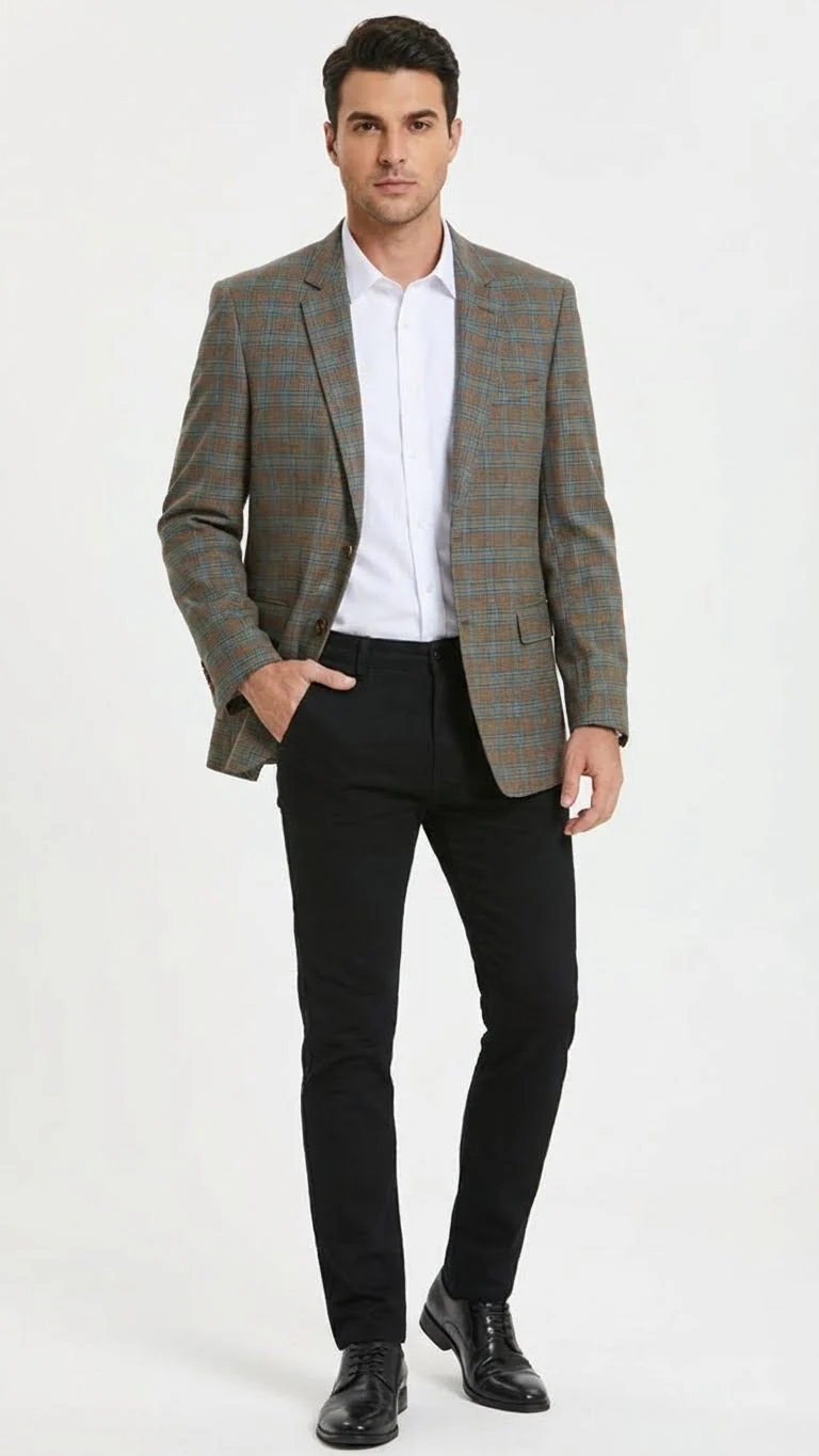 Men’s Green Brown and Teal Plaid Sport Coat – Tailored Fit Check Blazer Jacket - Tartan Sportcoat