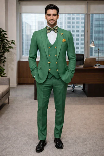 Men’s Green Slim Fit Suit by Rossiman – Stylish Double-Breasted Vest & Flat Front Pants - Image 7