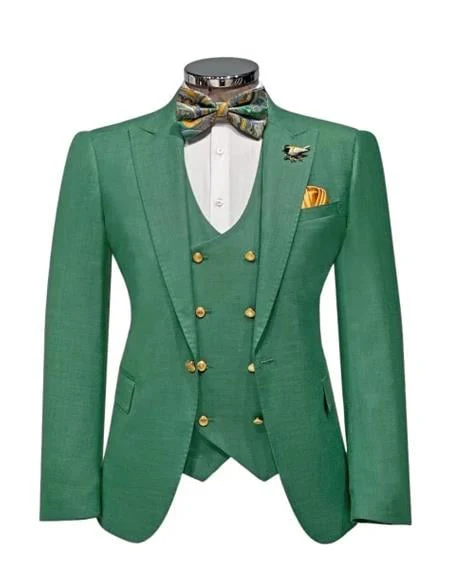 Men’s Green Slim Fit Suit by Rossiman – Stylish Double-Breasted Vest & Flat Front Pants - Image 9