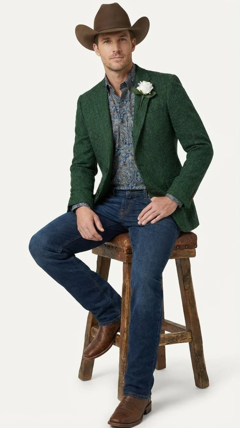 Men’s Green Western Blazer Jacket – Classic Cowboy Style Sport Coat for Wedding, Party and Formal Events - Image 4