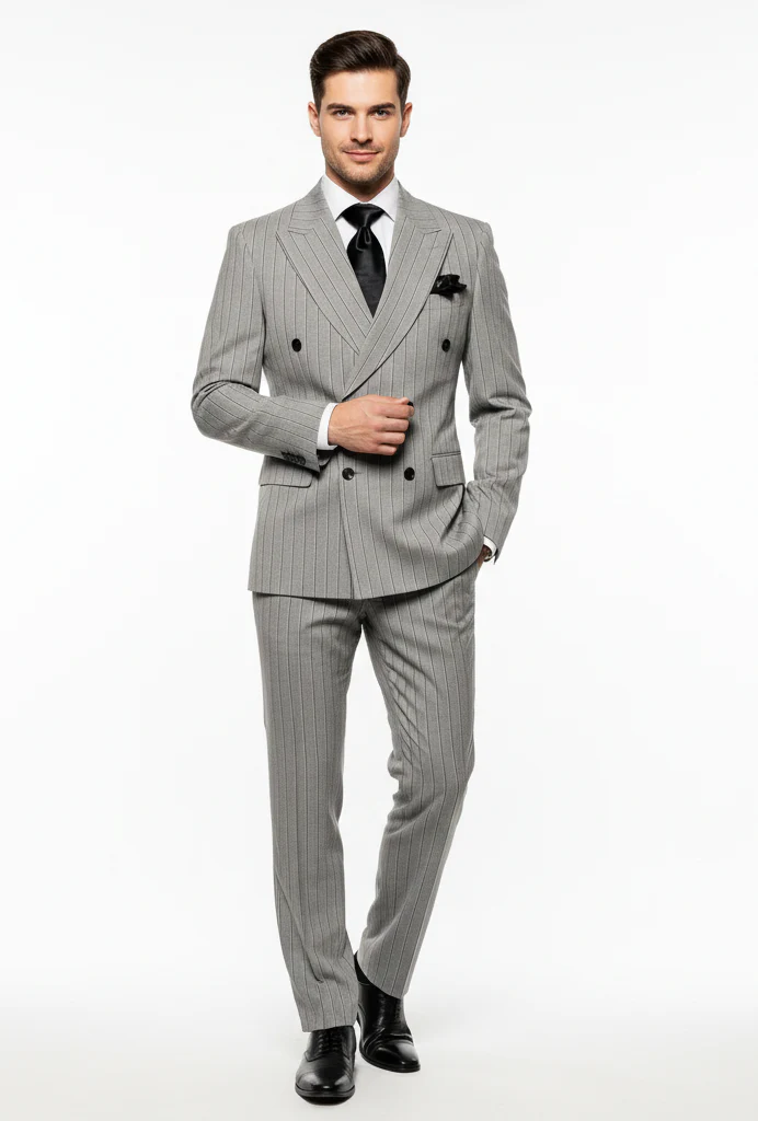 Men’s Grey and Black Pinstripe Double-Breasted Suit – 1920s Gangster Vintage Looking suit By Rossiman