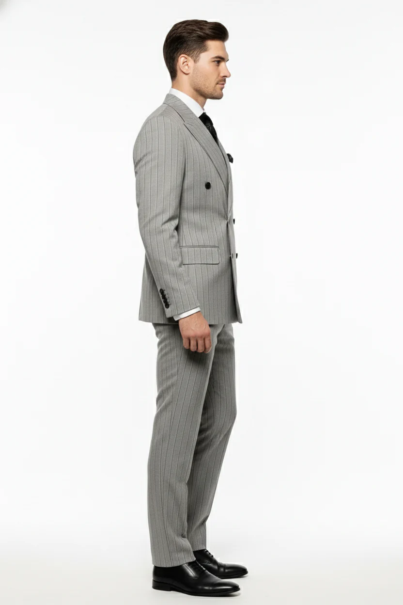 Men’s Grey and Black Pinstripe Double-Breasted Suit – 1920s Gangster Vintage Looking suit By Rossiman - Image 3