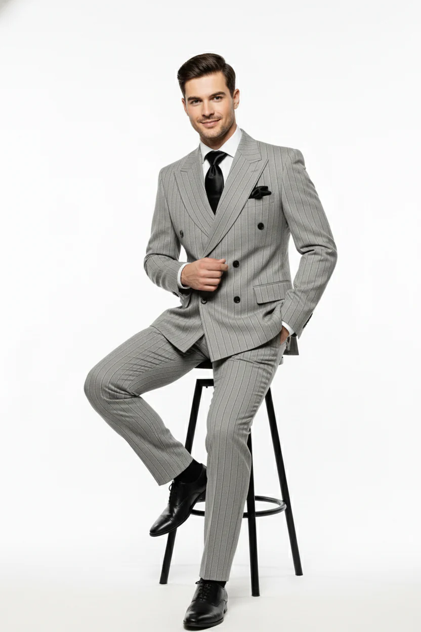 Men’s Grey and Black Pinstripe Double-Breasted Suit – 1920s Gangster Vintage Looking suit By Rossiman - Image 4