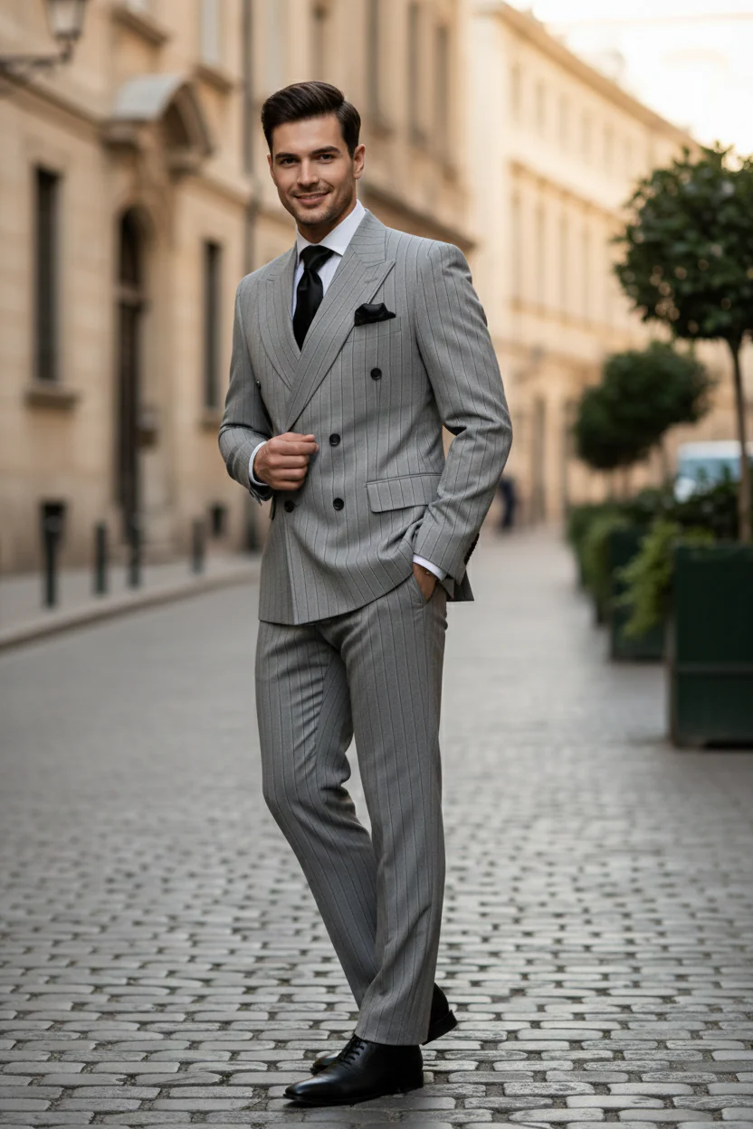Men’s Grey and Black Pinstripe Double-Breasted Suit – 1920s Gangster Vintage Looking suit By Rossiman - Image 5