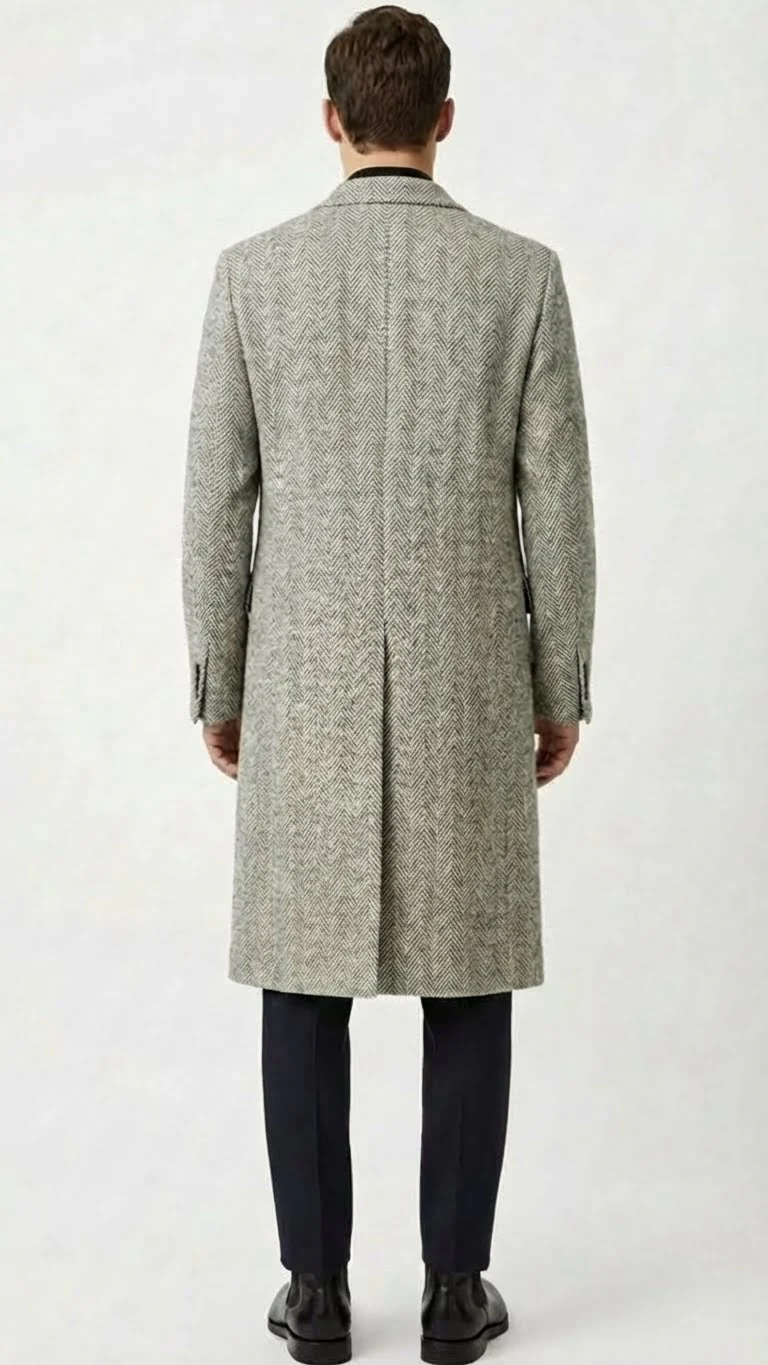 Men’s Grey Herringbone Long Overcoat – Tweed Black and White Pattern Wool Topcoat Three Qaurter - Image 10