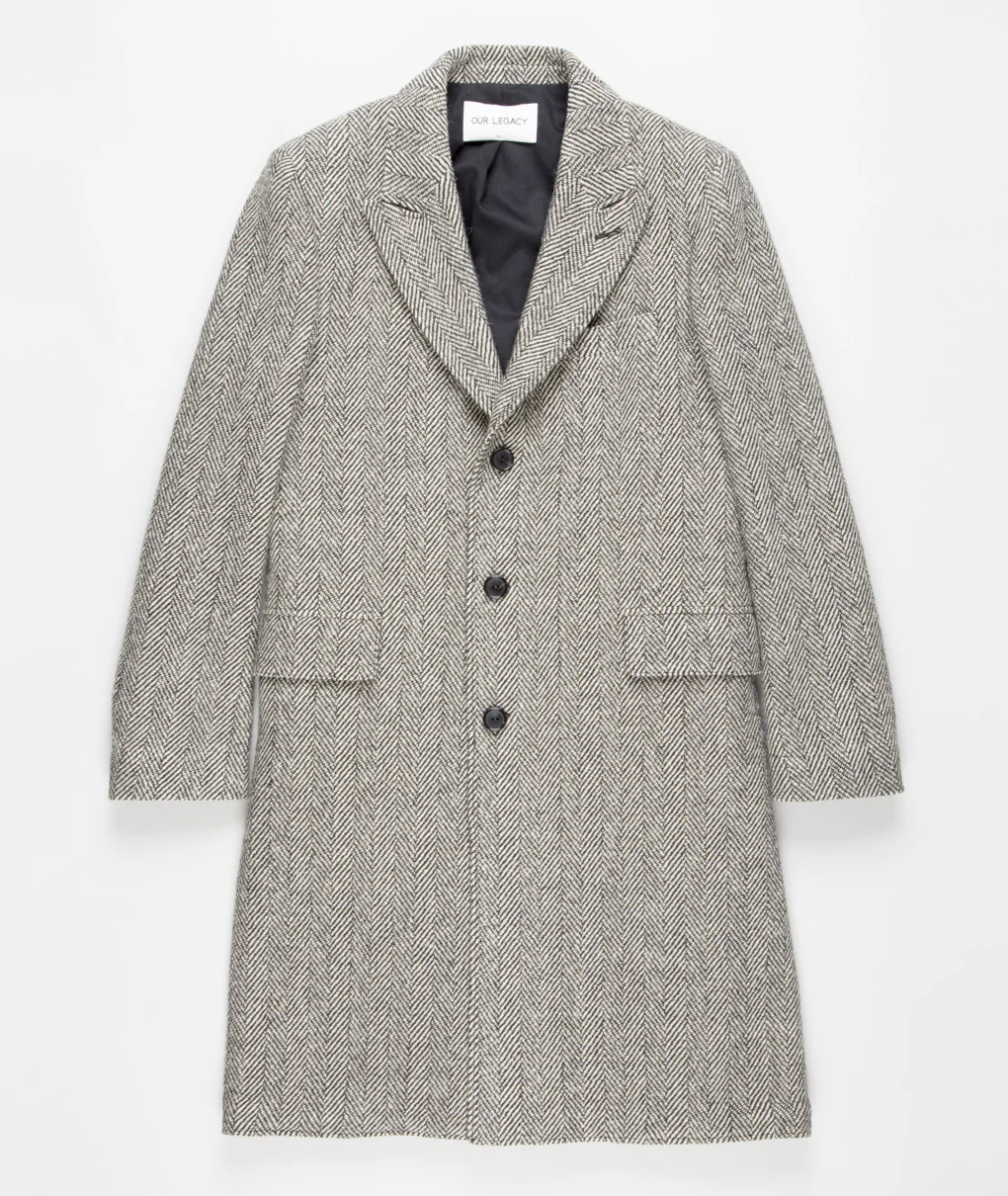 Men’s Grey Herringbone Long Overcoat – Tweed Black and White Pattern Wool Topcoat Three Qaurter - Image 2