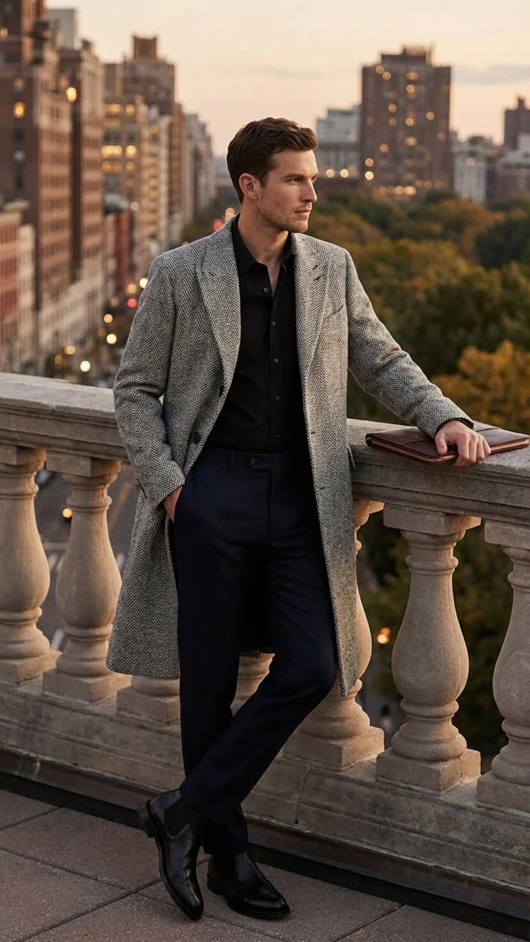Men’s Grey Herringbone Long Overcoat – Tweed Black and White Pattern Wool Topcoat Three Qaurter - Image 3