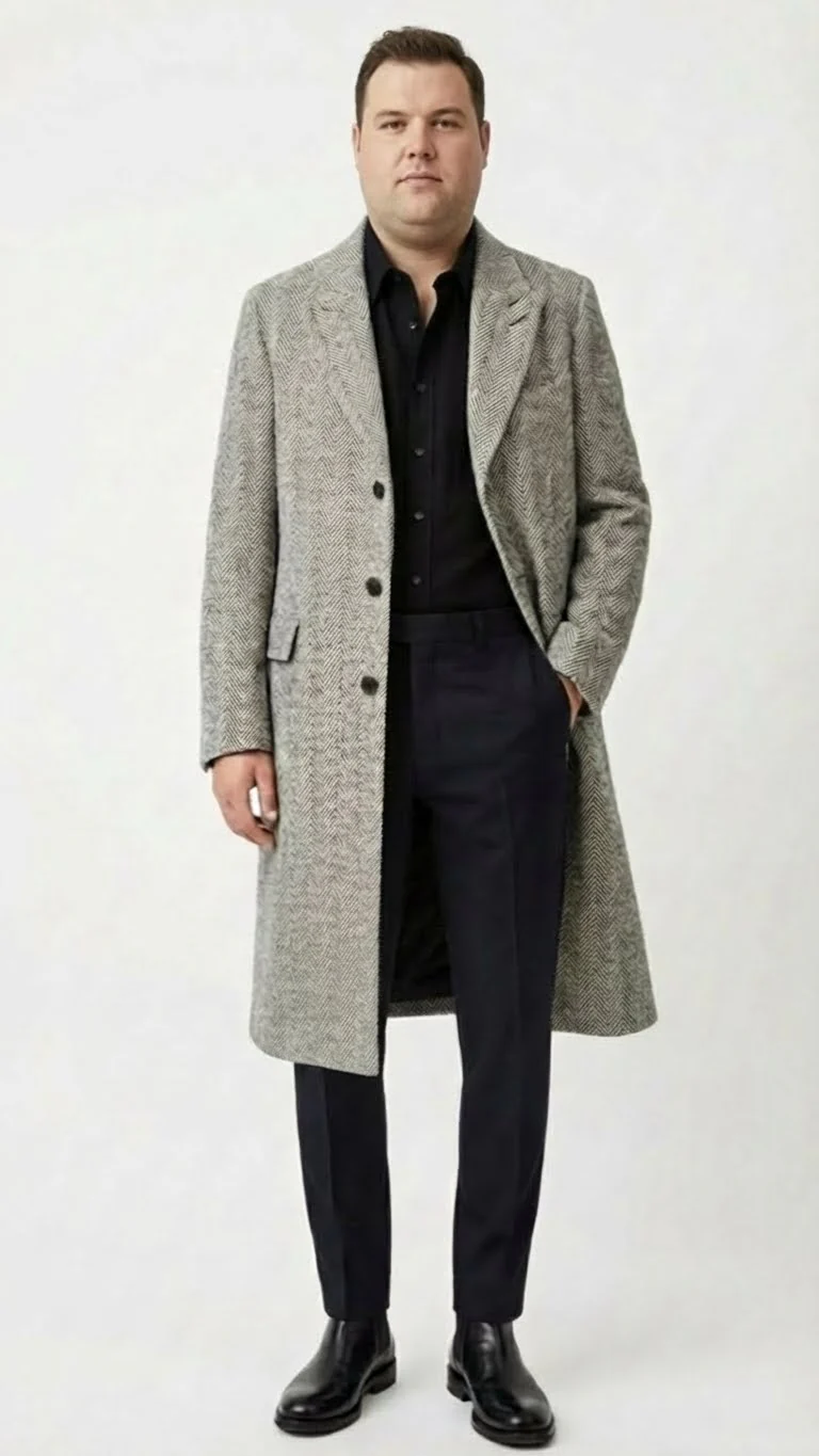 Men’s Grey Herringbone Long Overcoat – Tweed Black and White Pattern Wool Topcoat Three Qaurter - Image 4